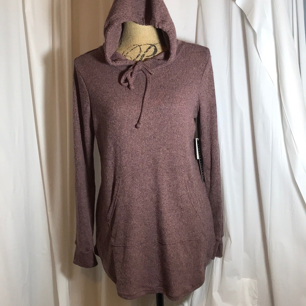 Rib Knit Tunic Hoodie Dusky Purple Kangaroo Pocket